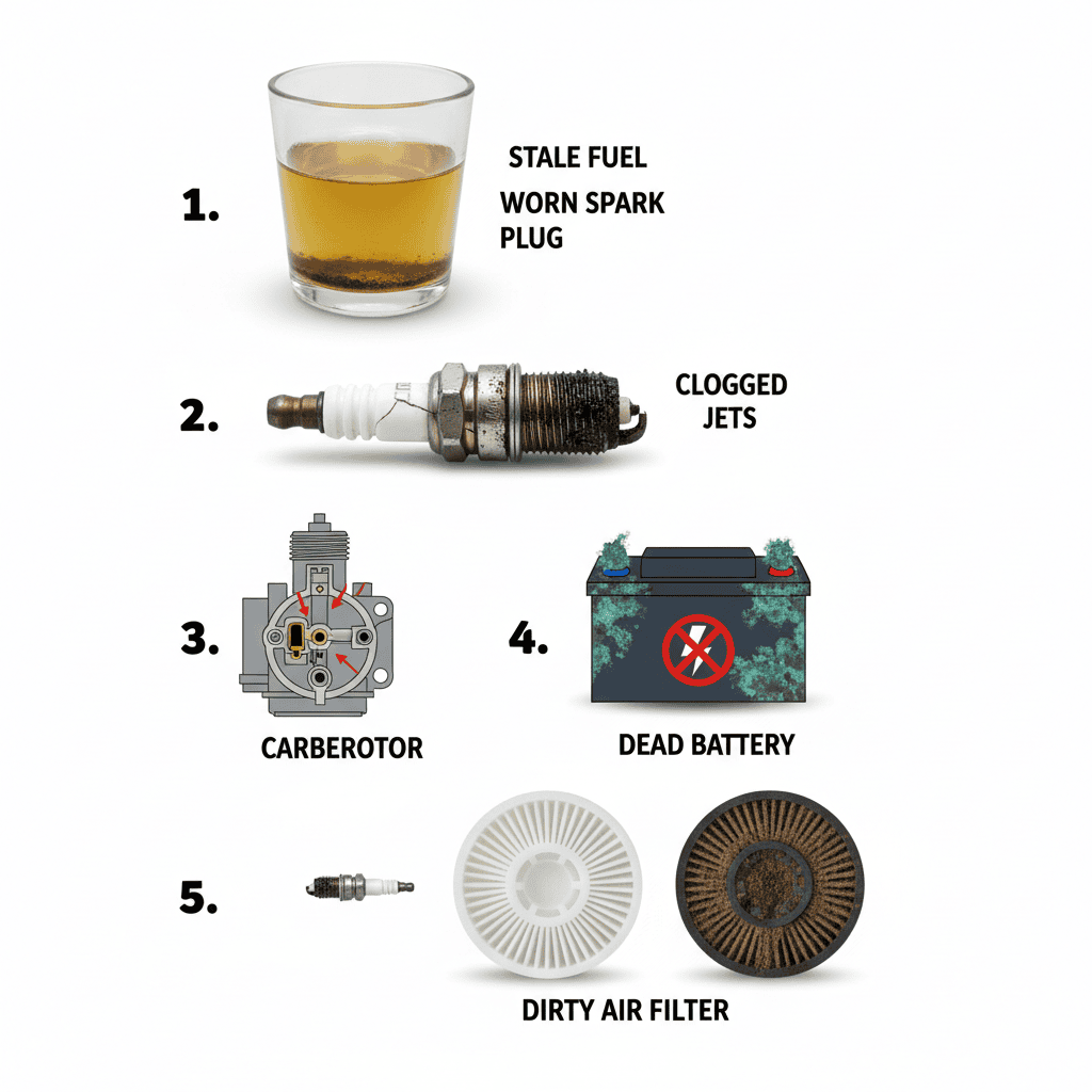 Visual comparison of five common causes of mower starting failure