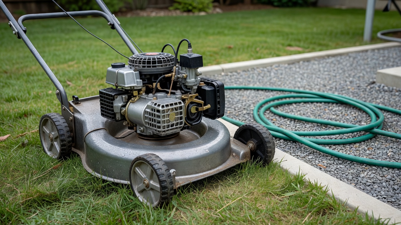 Push mower with its engine cover removed, exposing the small engine components.