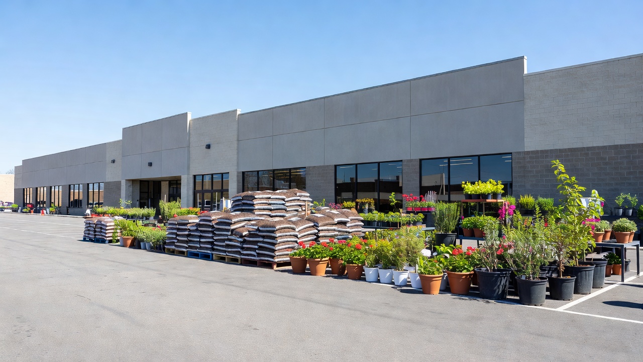 Exterior of a large home improvement retail store on a sunny spring day with garden center visible